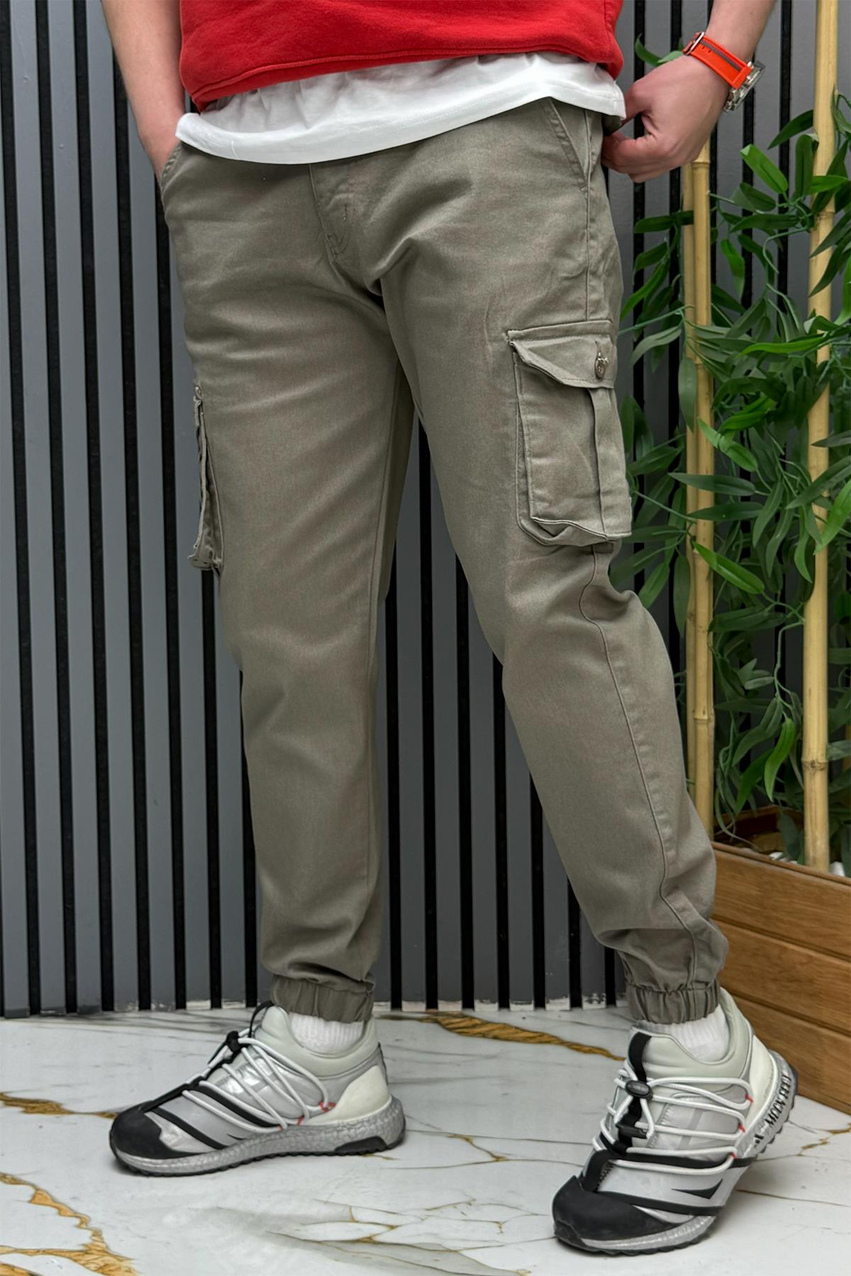 Erkek Keten Likralı Gabardin Kargo Cepli Pantolon (6 CEPLİ) - Vizon