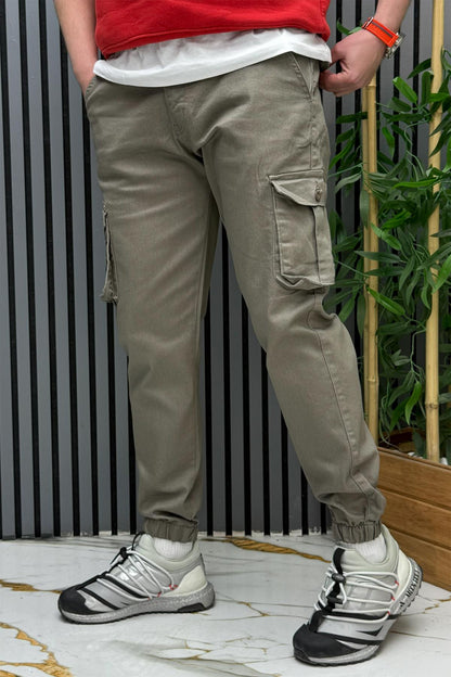 Erkek Keten Likralı Gabardin Kargo Cepli Pantolon (6 CEPLİ) - Vizon
