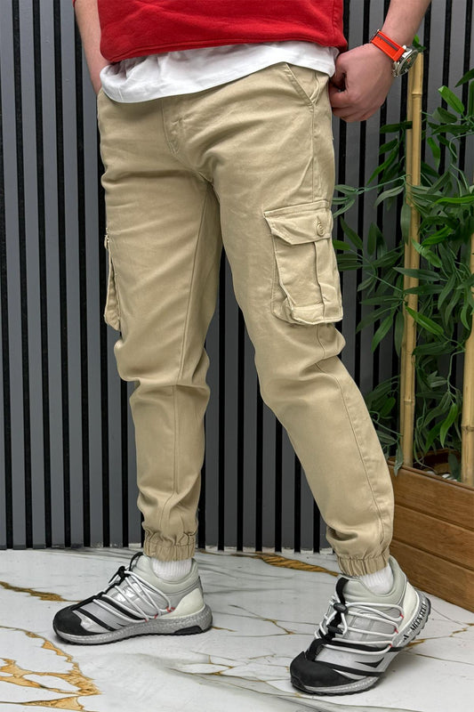 Erkek Keten Likralı Gabardin Kargo Cepli Pantolon (6 CEPLİ) - Bej