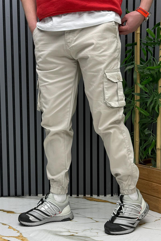 Erkek Keten Likralı Gabardin Kargo Cepli Pantolon (6 CEPLİ) - Taş Rengi
