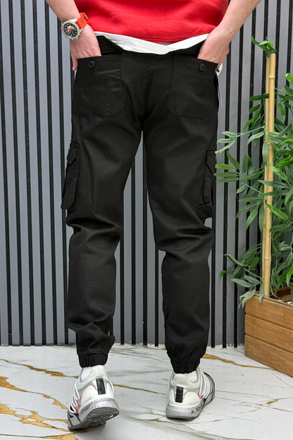 Erkek Keten Likralı Gabardin Kargo Cepli Pantolon (6 CEPLİ) - Siyah