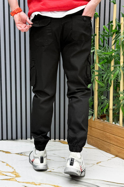 Erkek Keten Likralı Gabardin Kargo Cepli Pantolon (6 CEPLİ) - Siyah