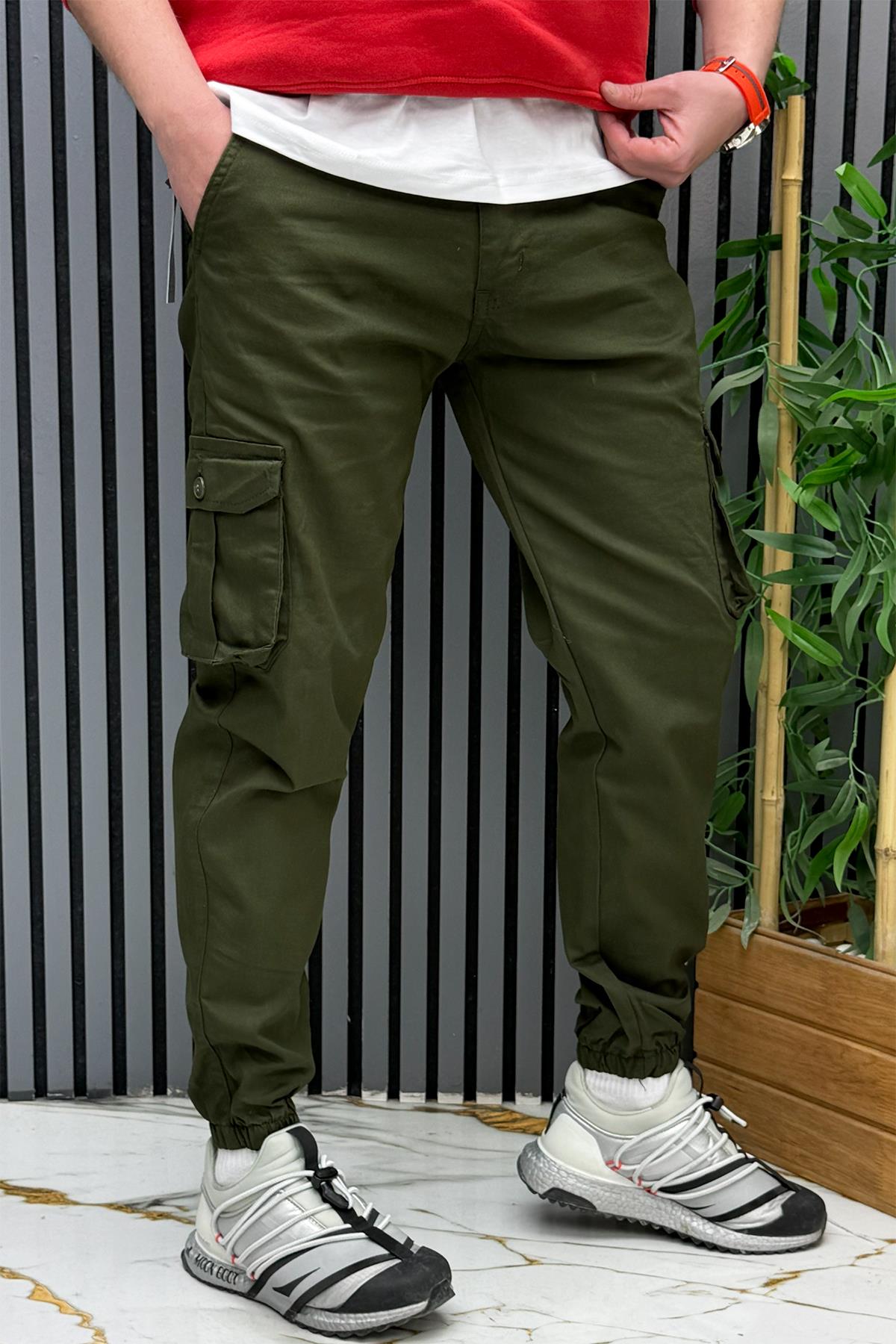 Erkek Keten Likralı Gabardin Kargo Cepli Pantolon (6 CEPLİ) - Haki Yeşil