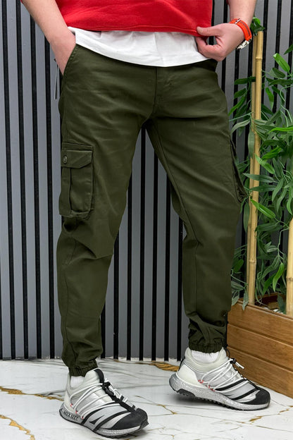 Erkek Keten Likralı Gabardin Kargo Cepli Pantolon (6 CEPLİ) - Haki Yeşil
