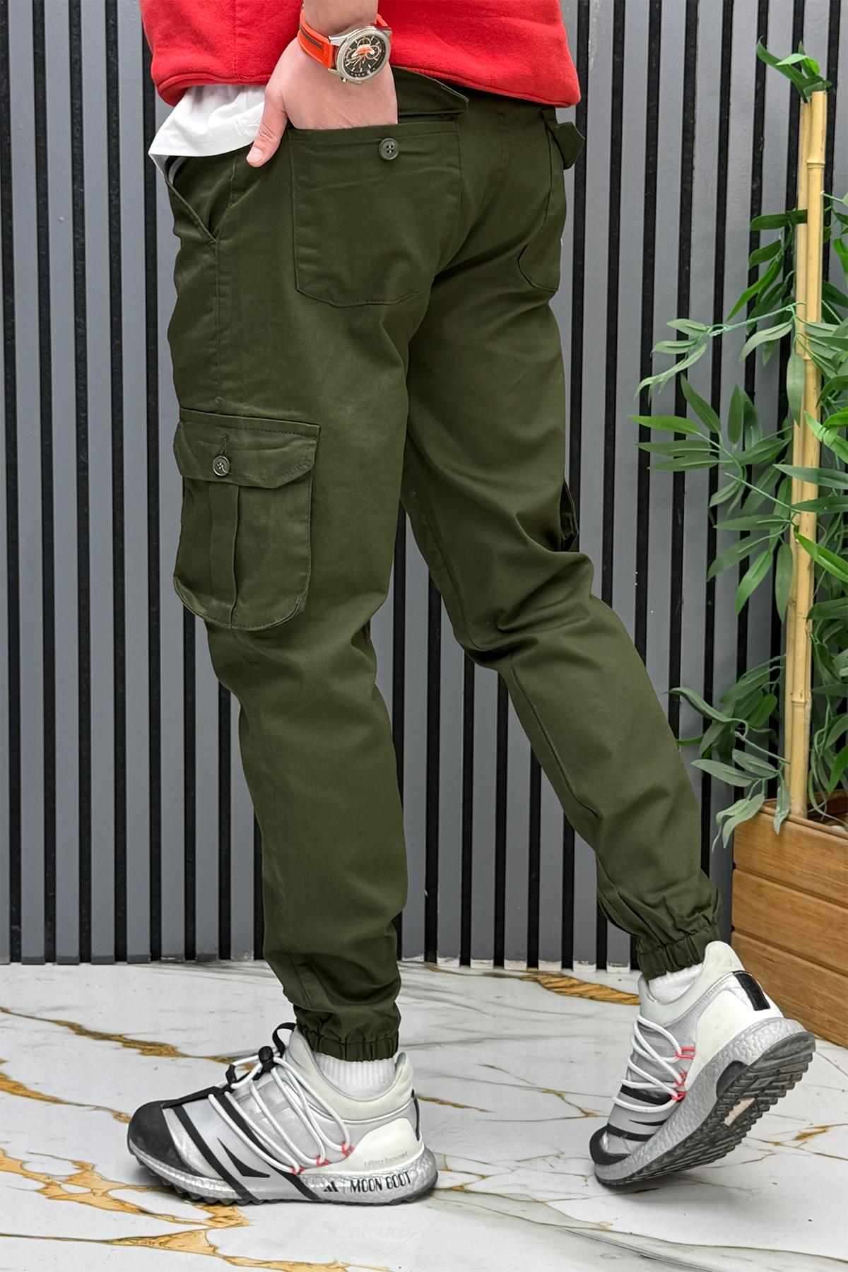 Erkek Keten Likralı Gabardin Kargo Cepli Pantolon (6 CEPLİ) - Haki Yeşil