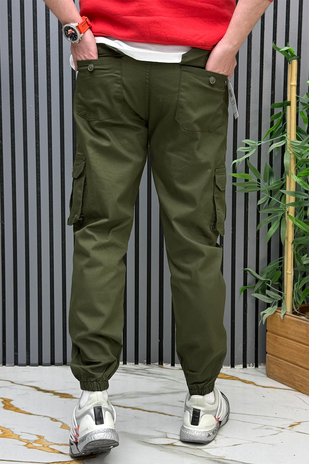 Erkek Keten Likralı Gabardin Kargo Cepli Pantolon (6 CEPLİ) - Haki Yeşil