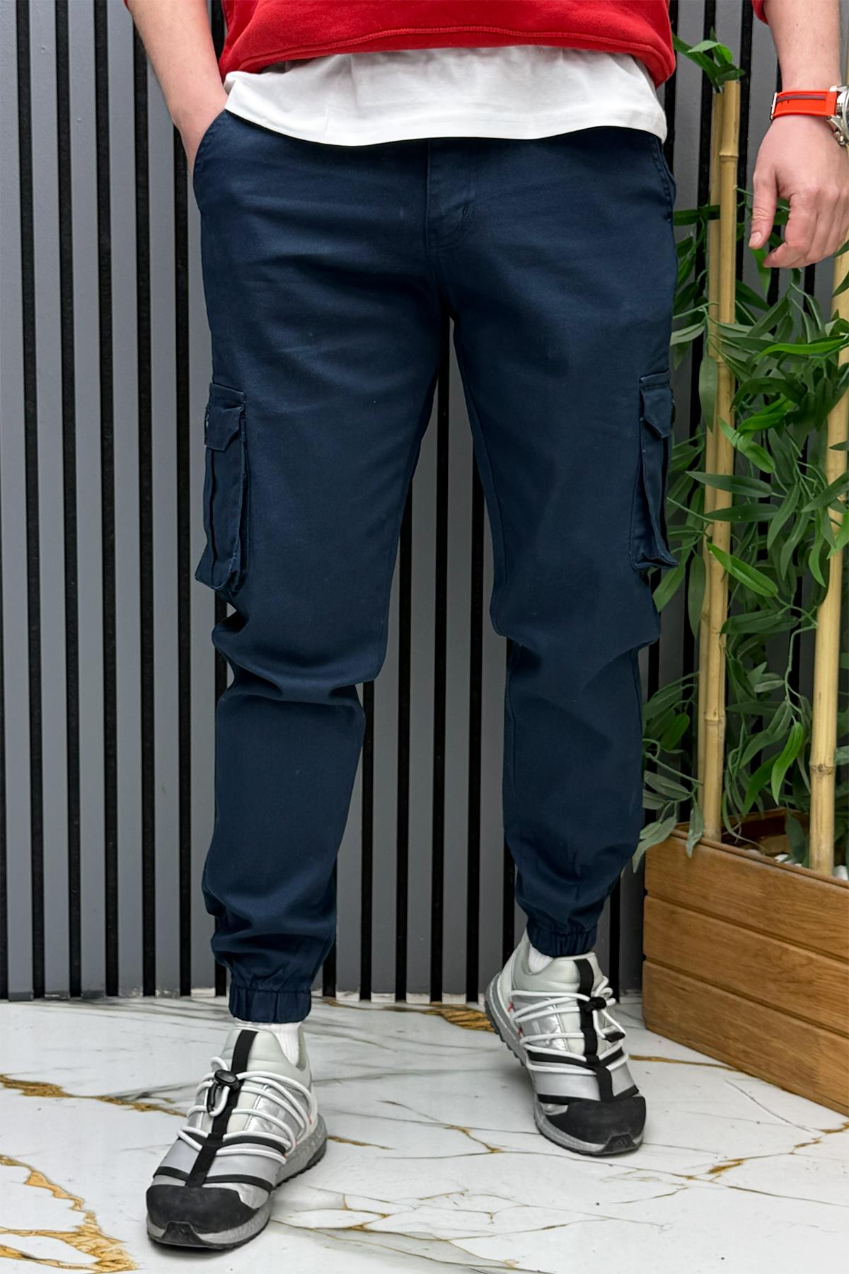 Erkek Keten Likralı Gabardin Kargo Cepli Pantolon (6 CEPLİ) - Lacivert