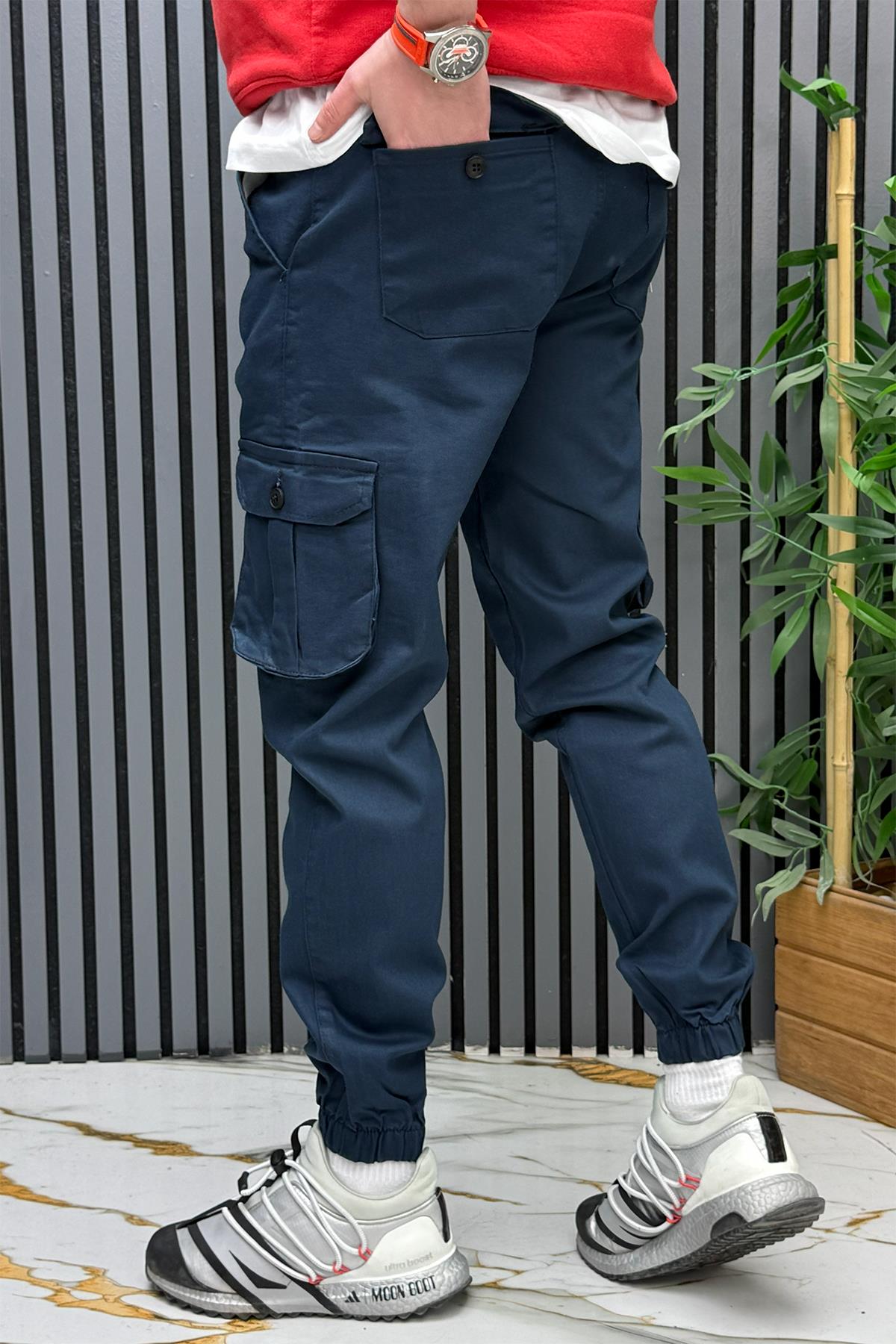 Erkek Keten Likralı Gabardin Kargo Cepli Pantolon (6 CEPLİ) - Lacivert