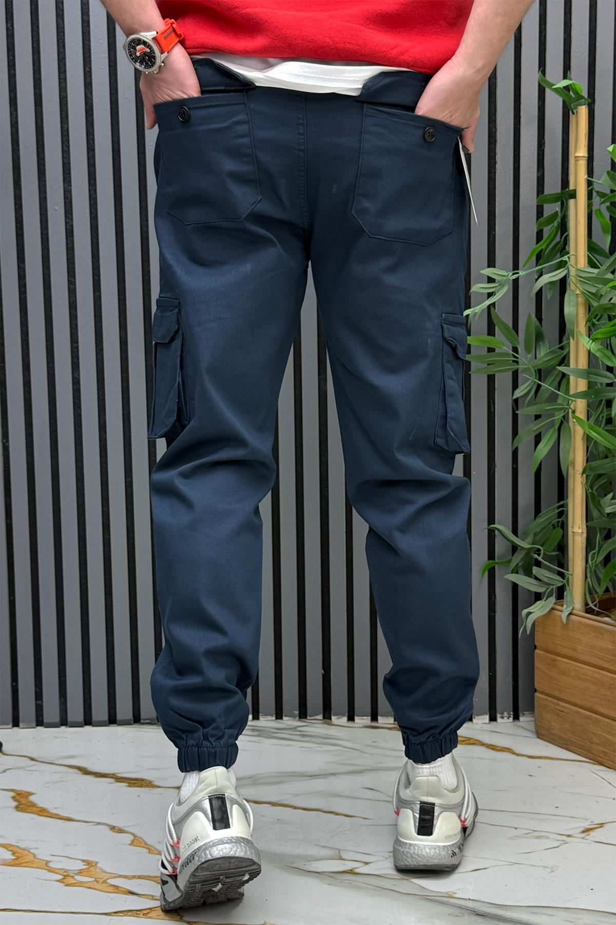 Erkek Keten Likralı Gabardin Kargo Cepli Pantolon (6 CEPLİ) - Lacivert