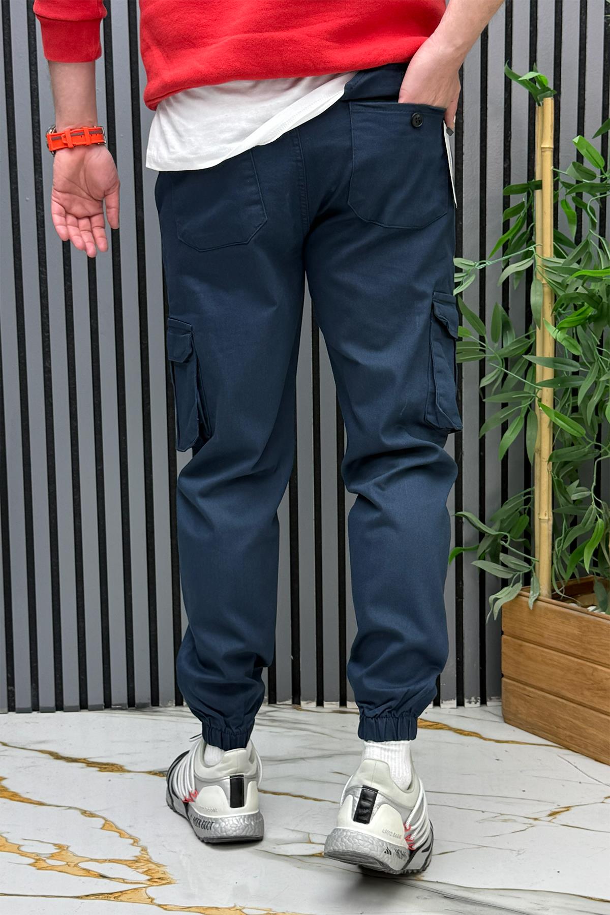 Erkek Keten Likralı Gabardin Kargo Cepli Pantolon (6 CEPLİ) - Lacivert