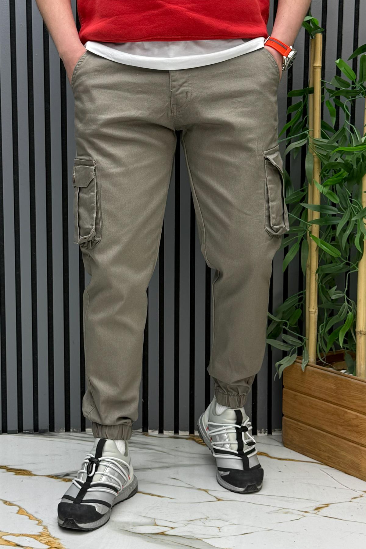 Erkek Keten Likralı Gabardin Kargo Cepli Pantolon (6 CEPLİ) - Vizon