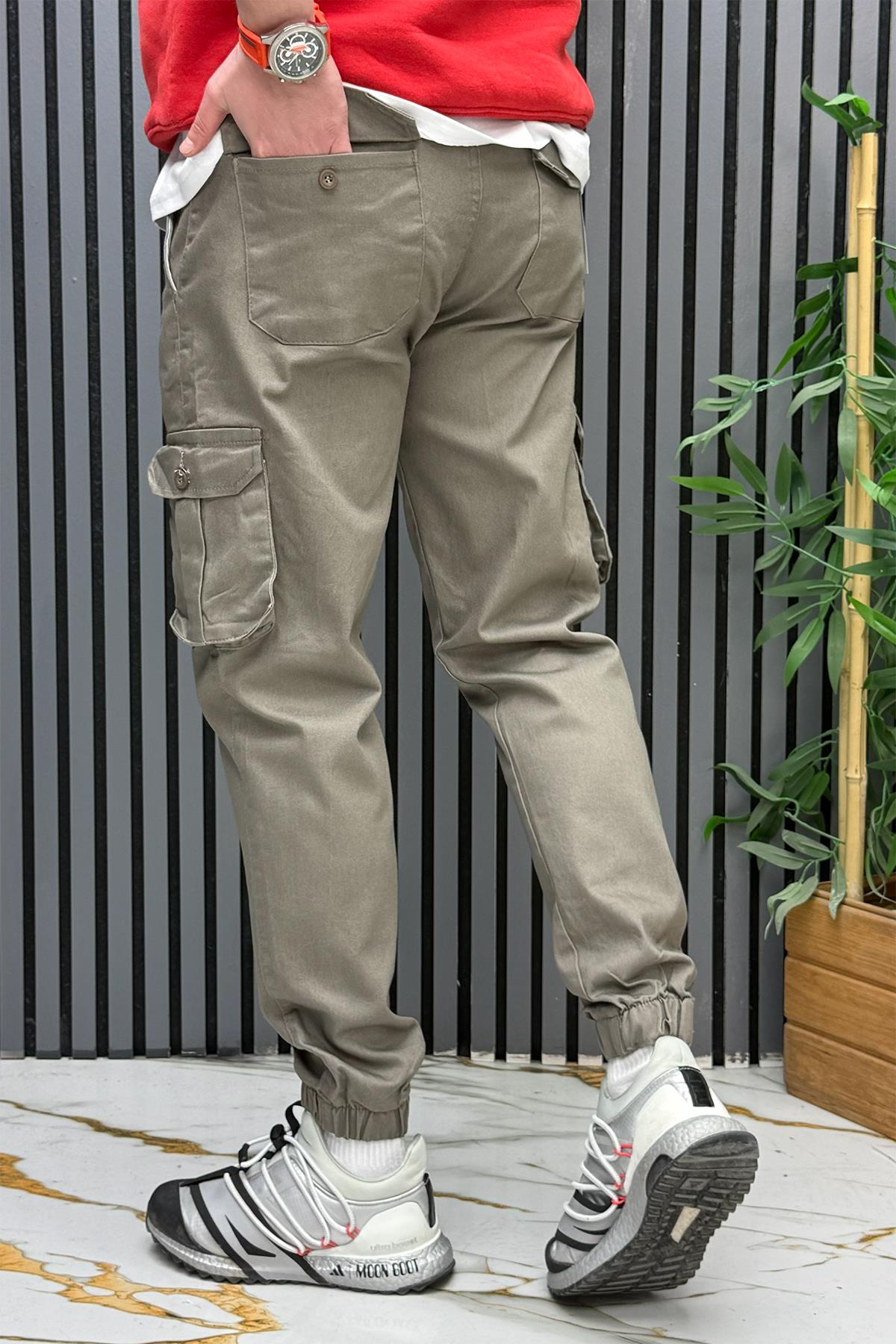 Erkek Keten Likralı Gabardin Kargo Cepli Pantolon (6 CEPLİ) - Vizon