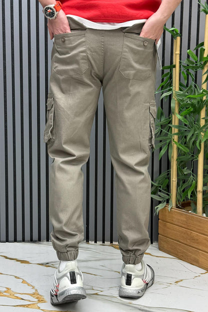 Erkek Keten Likralı Gabardin Kargo Cepli Pantolon (6 CEPLİ) - Vizon