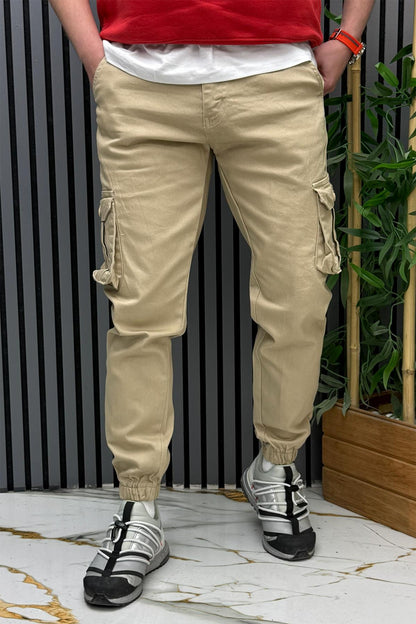 Erkek Keten Likralı Gabardin Kargo Cepli Pantolon (6 CEPLİ) - Bej