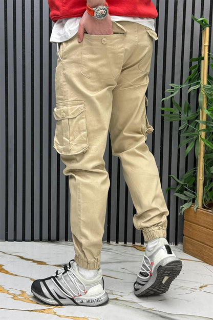 Erkek Keten Likralı Gabardin Kargo Cepli Pantolon (6 CEPLİ) - Bej