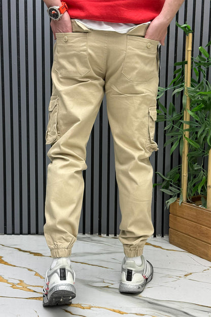 Erkek Keten Likralı Gabardin Kargo Cepli Pantolon (6 CEPLİ) - Bej