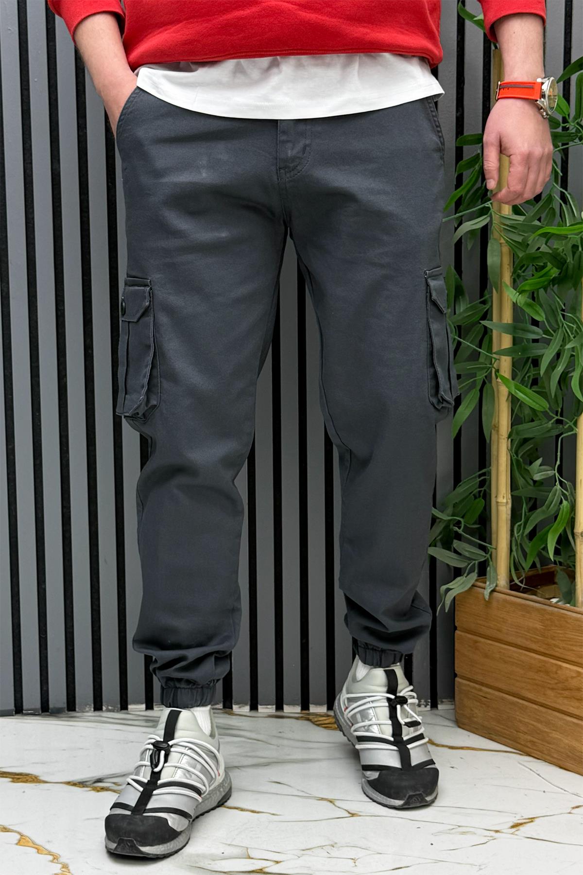 Erkek Keten Likralı Gabardin Kargo Cepli Pantolon (6 CEPLİ) - Antrasit