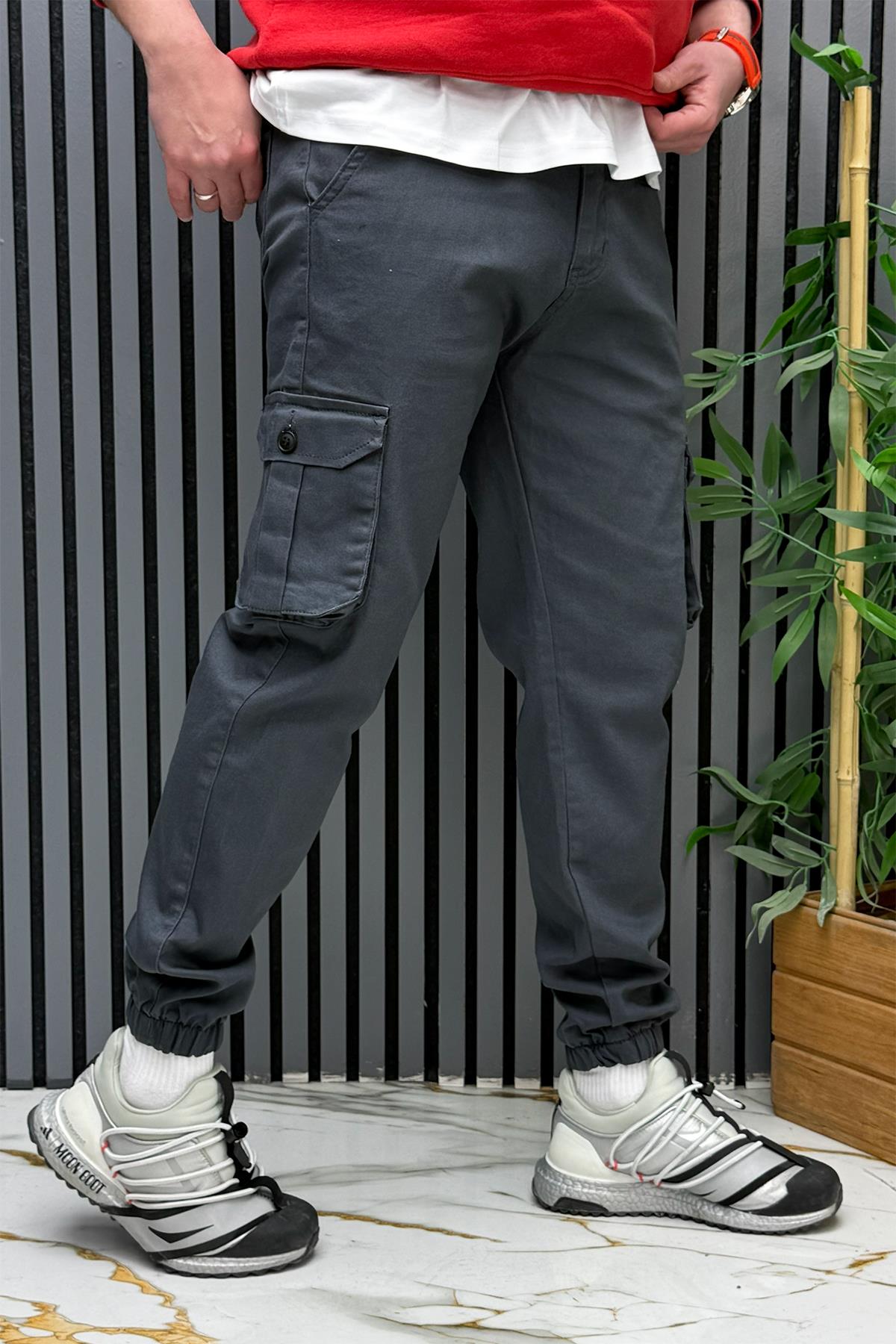 Erkek Keten Likralı Gabardin Kargo Cepli Pantolon (6 CEPLİ) - Antrasit