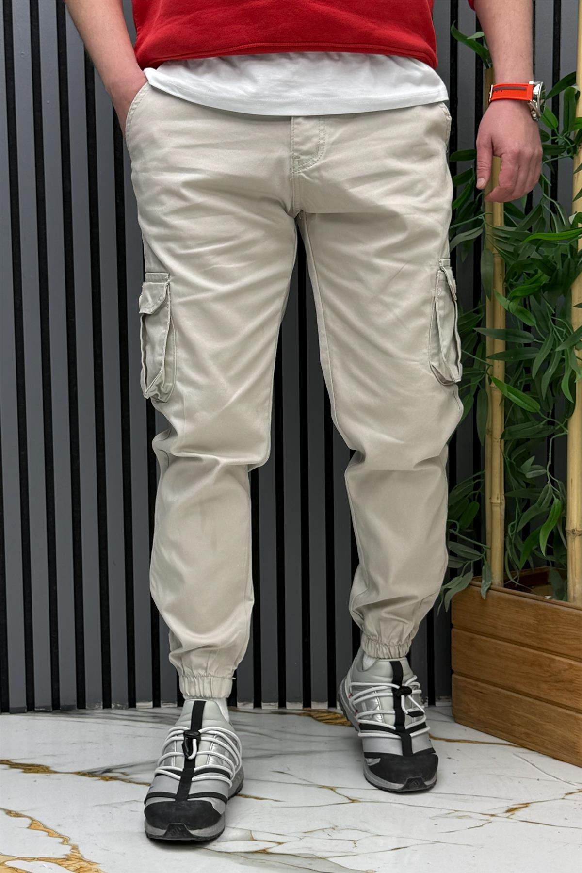 Erkek Keten Likralı Gabardin Kargo Cepli Pantolon (6 CEPLİ) - Taş Rengi
