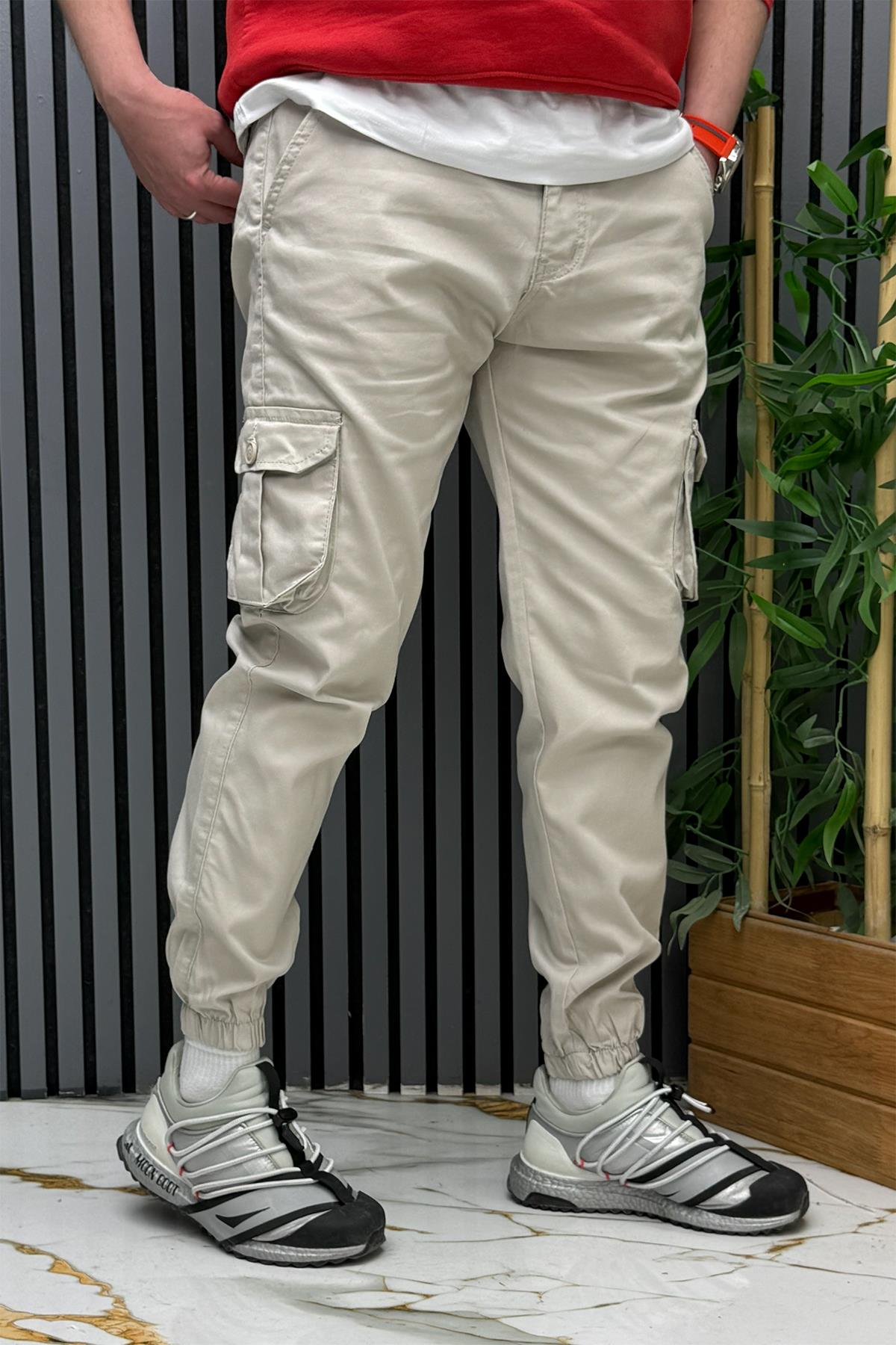 Erkek Keten Likralı Gabardin Kargo Cepli Pantolon (6 CEPLİ) - Taş Rengi