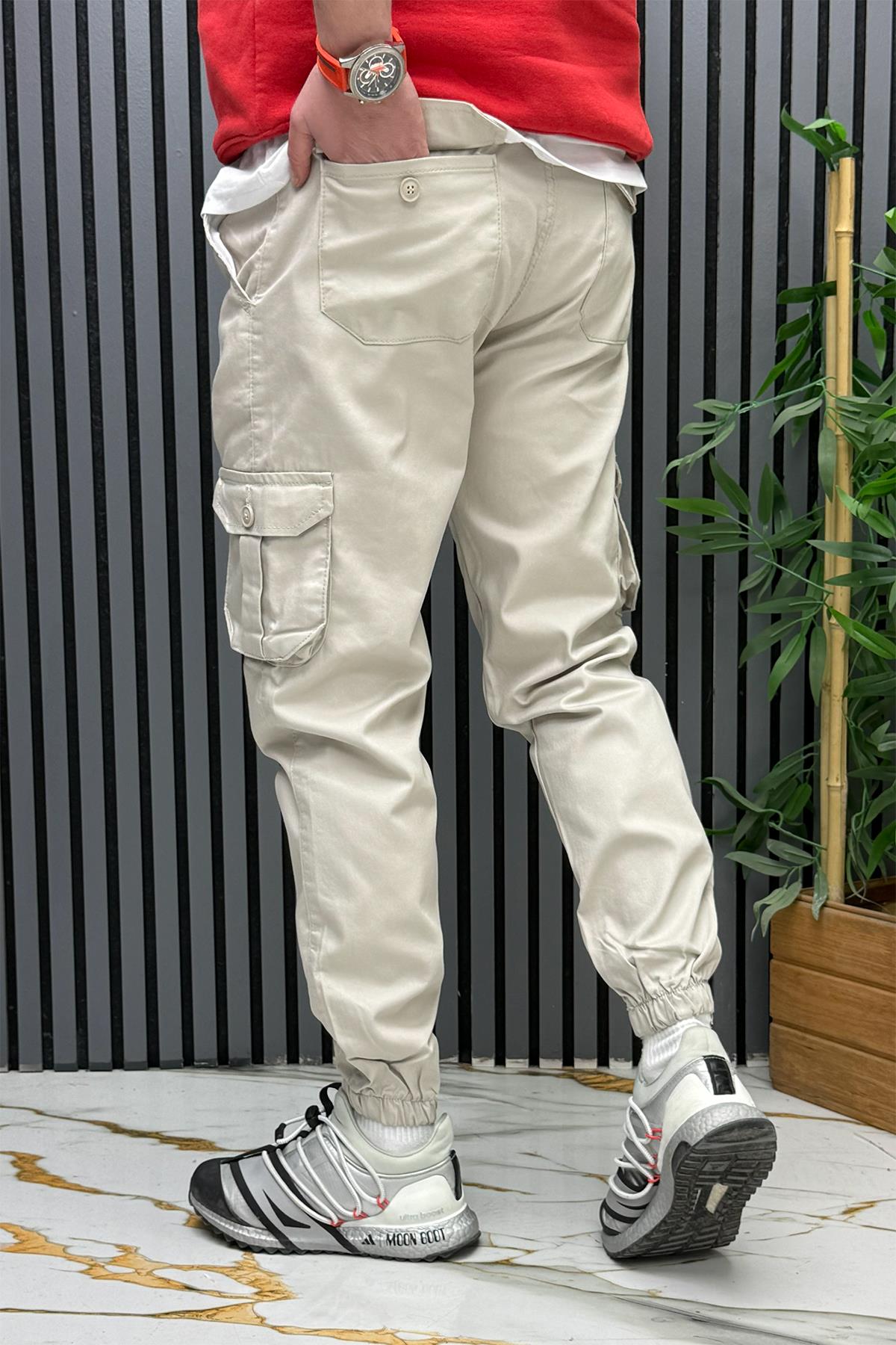 Erkek Keten Likralı Gabardin Kargo Cepli Pantolon (6 CEPLİ) - Taş Rengi