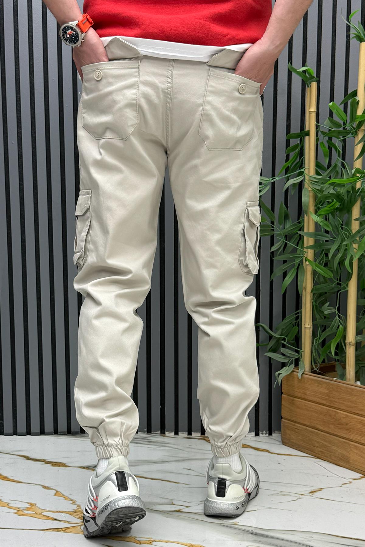 Erkek Keten Likralı Gabardin Kargo Cepli Pantolon (6 CEPLİ) - Taş Rengi