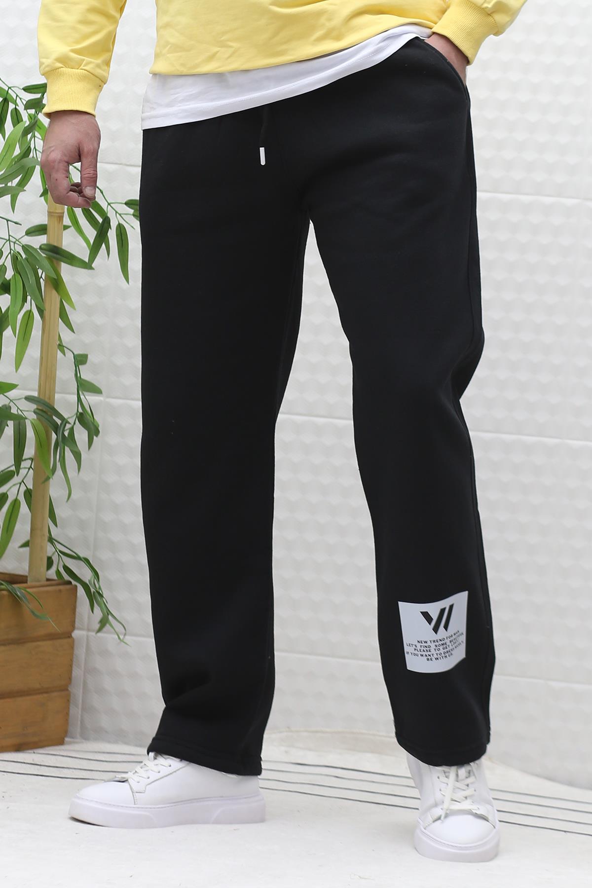 Erkek Kışlık 3 İplik Şardonlu Bol Kesim Baggy Eşofman Altı Wafra - Siyah