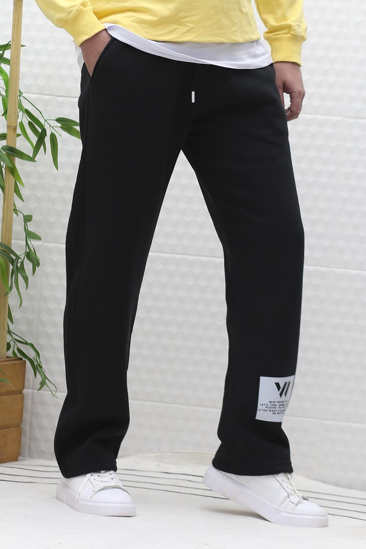 Erkek Kışlık 3 İplik Şardonlu Bol Kesim Baggy Eşofman Altı Wafra - Siyah