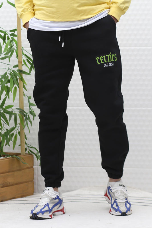 Erkek Kışlık 3 İplik Şardonlu Eşofman Altı Celtic Baskı - Siyah