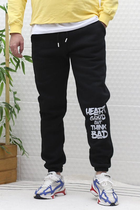 Erkek Kışlık 3 İplik Şardonlu Eşofman Altı Heart Baskı - Siyah