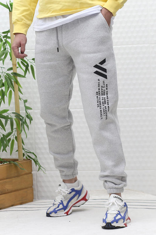 Erkek Kışlık 3 İplik Şardonlu Paça Lastikli Eşofman Altı Wafra Yan Baskı - Gri