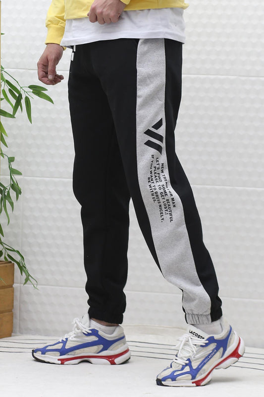 Erkek Kışlık Parçalı Yan Baskılı 3 İplik Şardonlu  Kalın Eşofman Altı - Siyah