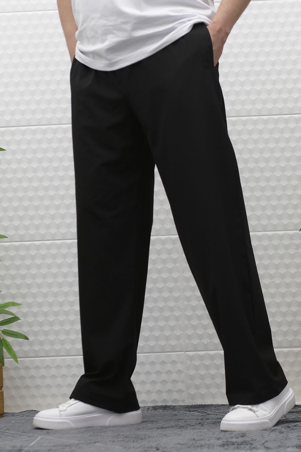 Erkek Likralı Baggy Pantolon Düz Paça Paraşüt Kumaş Pantolon - Siyah