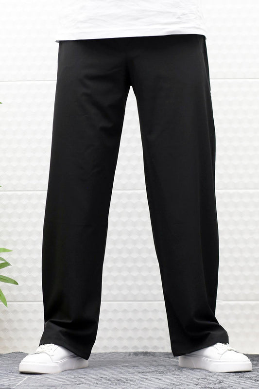 Erkek Likralı Baggy Pantolon Düz Paça Paraşüt Kumaş Pantolon - Siyah