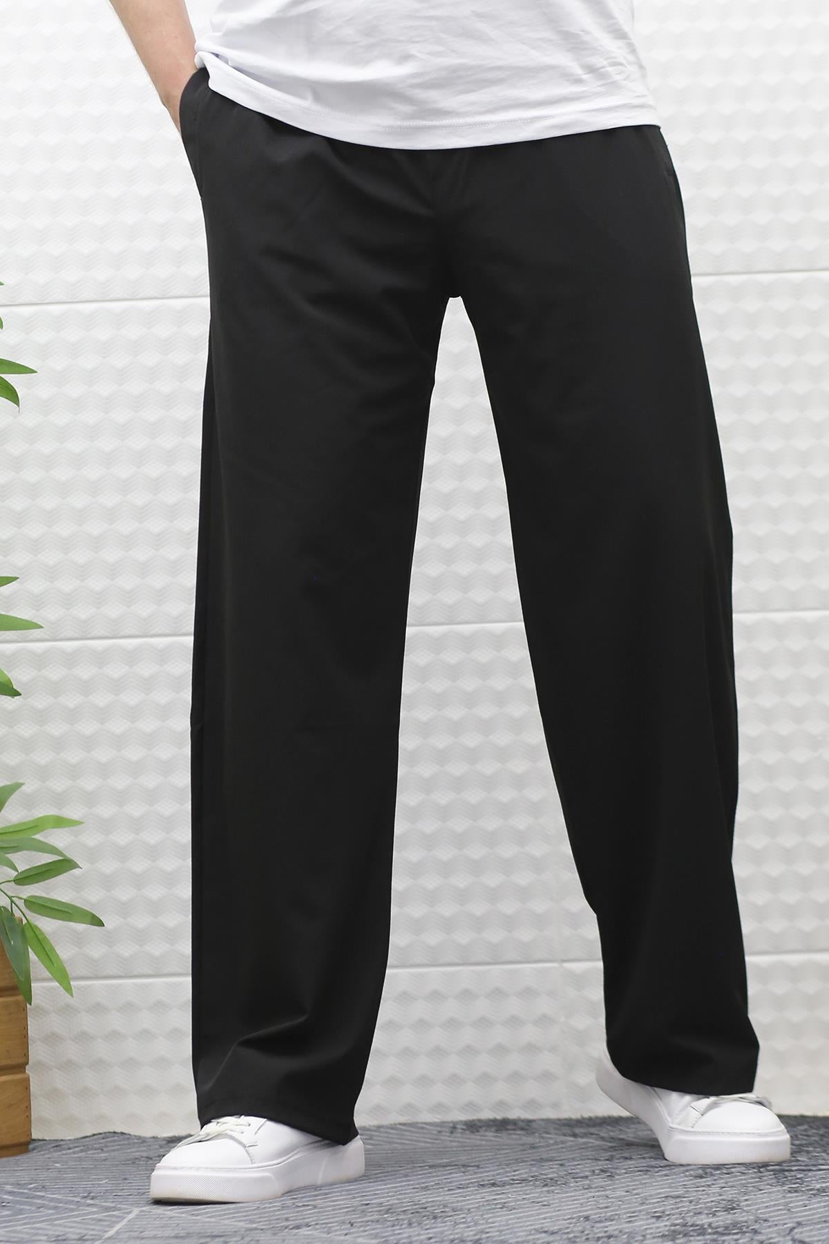 Erkek Likralı Baggy Pantolon Düz Paça Paraşüt Kumaş Pantolon - Siyah