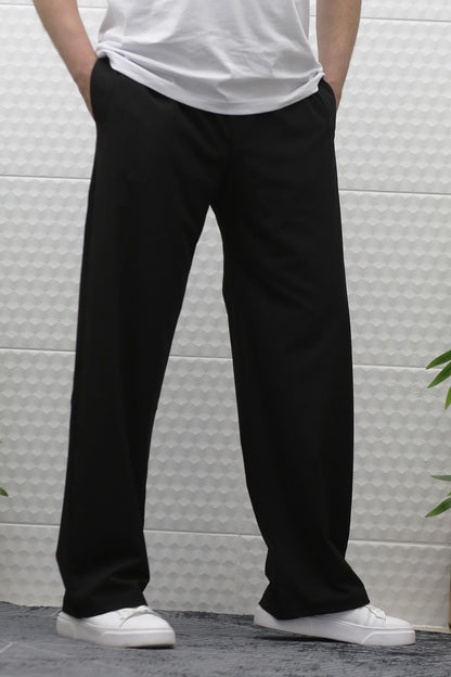 Erkek Likralı Baggy Pantolon Düz Paça Paraşüt Kumaş Pantolon - Siyah