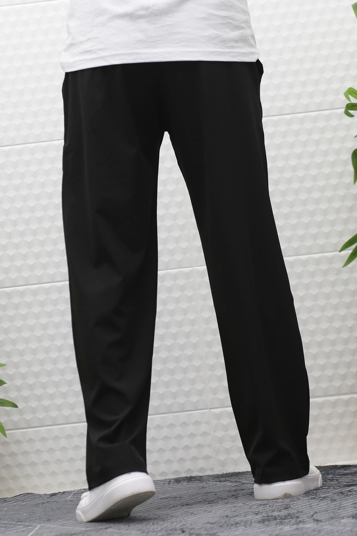 Erkek Likralı Baggy Pantolon Düz Paça Paraşüt Kumaş Pantolon - Siyah