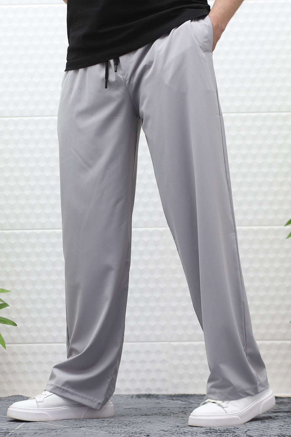 Erkek Likralı Baggy Pantolon Düz Paça Paraşüt Kumaş Pantolon - Gri