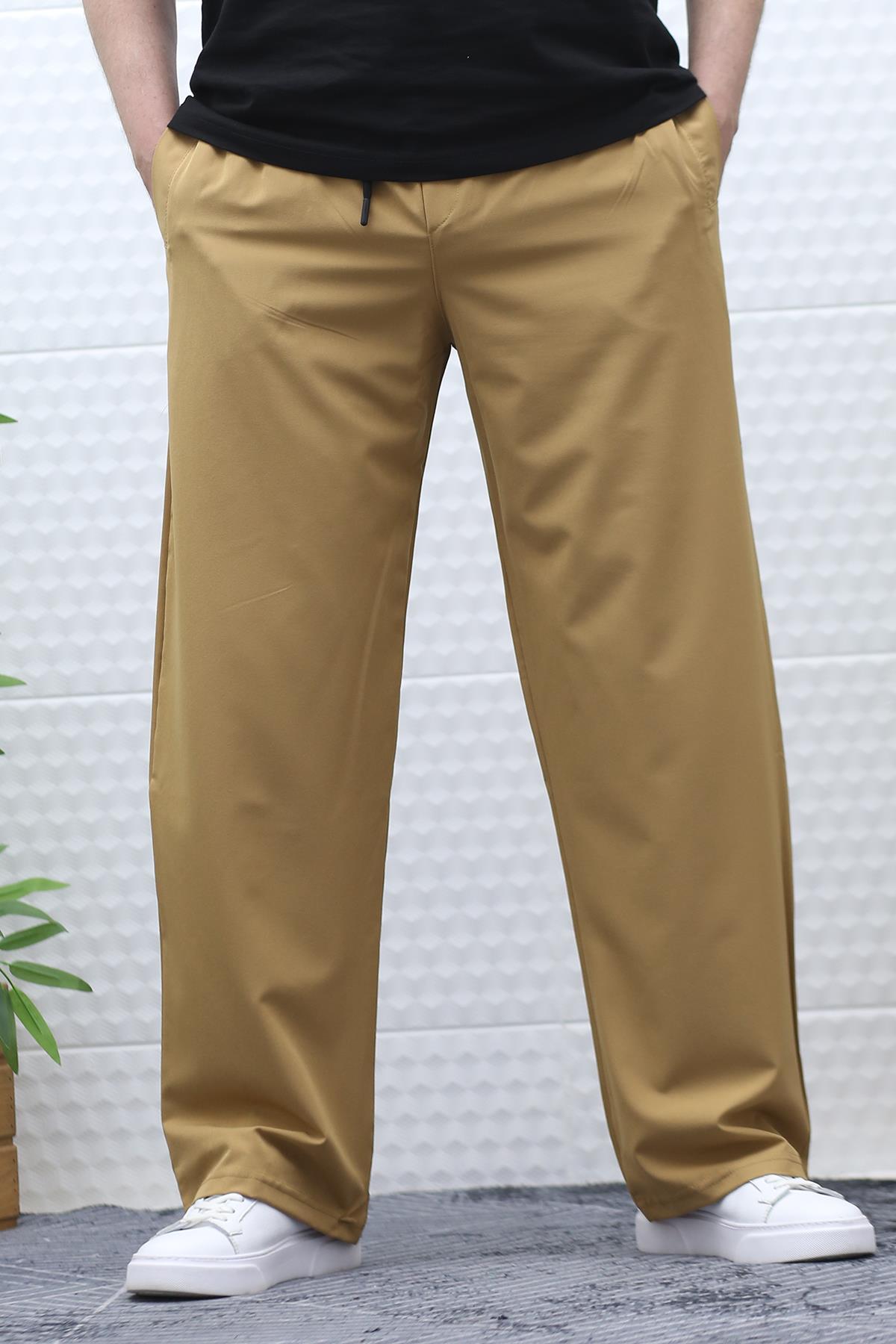 Erkek Likralı Baggy Pantolon Düz Paça Paraşüt Kumaş Pantolon - Tarçın