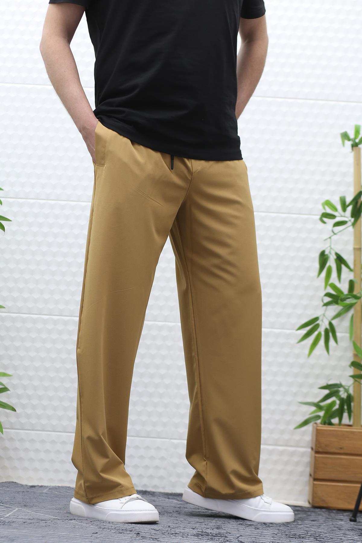 Erkek Likralı Baggy Pantolon Düz Paça Paraşüt Kumaş Pantolon - Tarçın