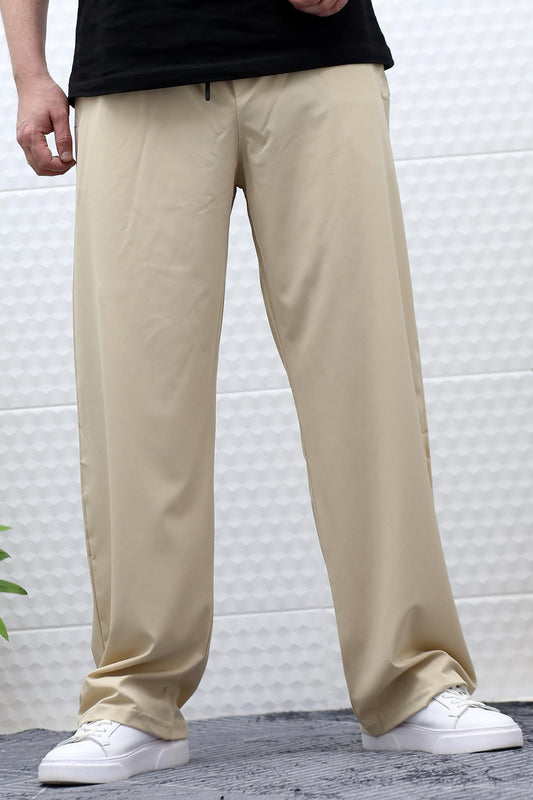 Erkek Likralı Baggy Pantolon Düz Paça Paraşüt Kumaş Pantolon - Bej