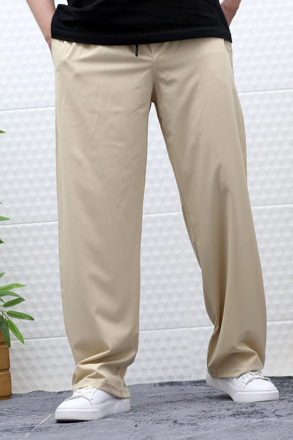 Erkek Likralı Baggy Pantolon Düz Paça Paraşüt Kumaş Pantolon - Bej