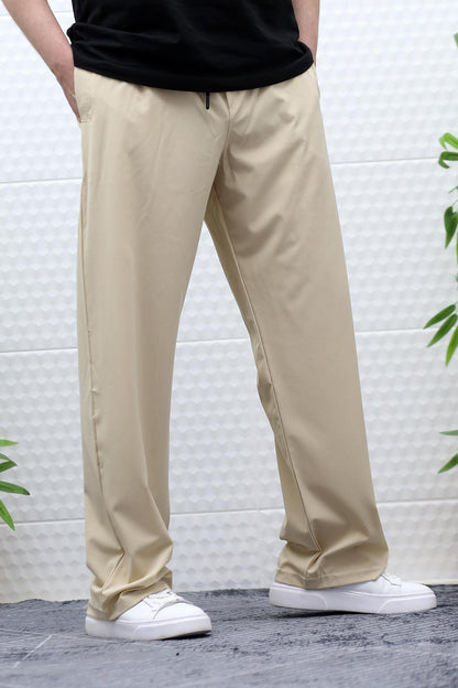 Erkek Likralı Baggy Pantolon Düz Paça Paraşüt Kumaş Pantolon - Bej