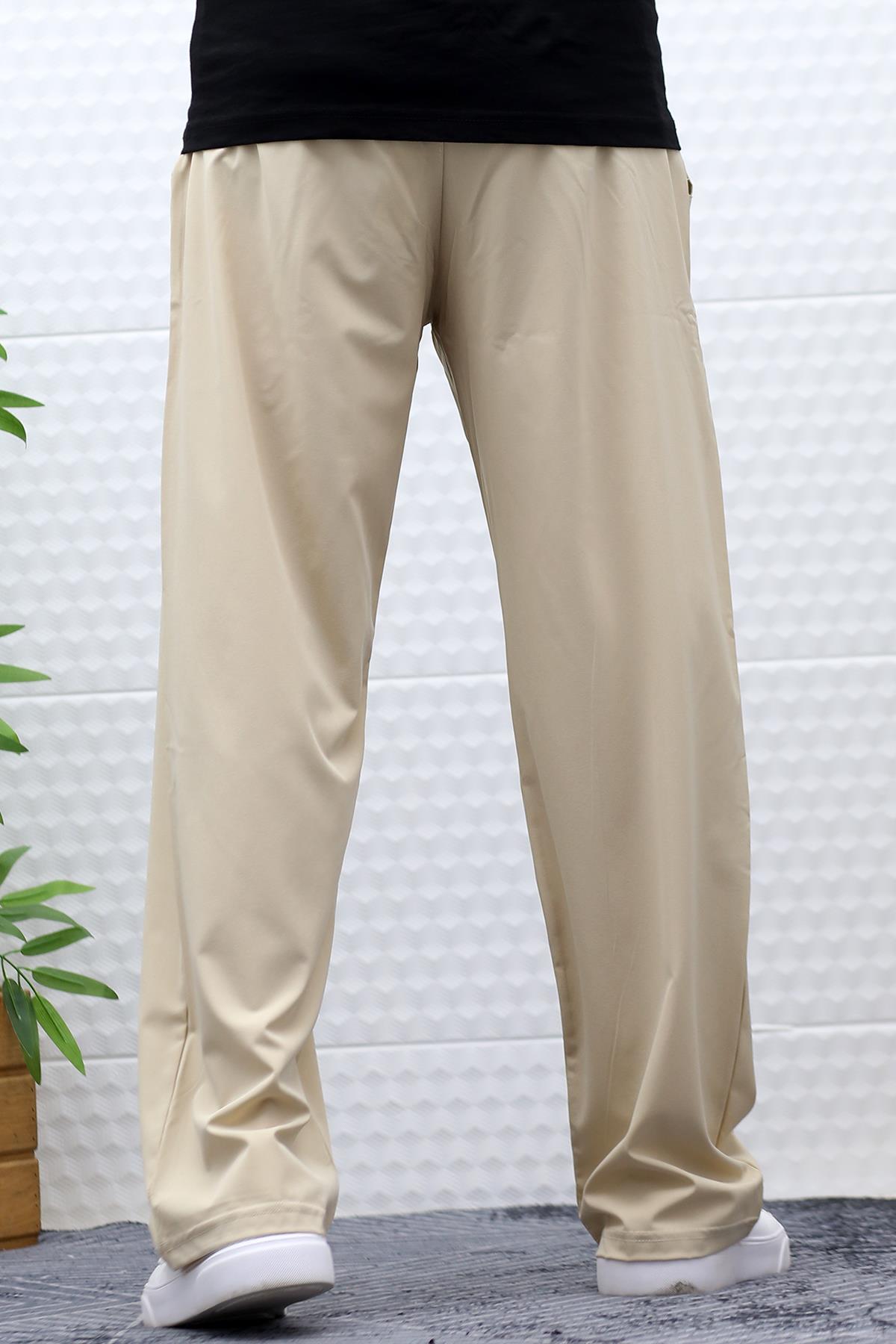 Erkek Likralı Baggy Pantolon Düz Paça Paraşüt Kumaş Pantolon - Bej