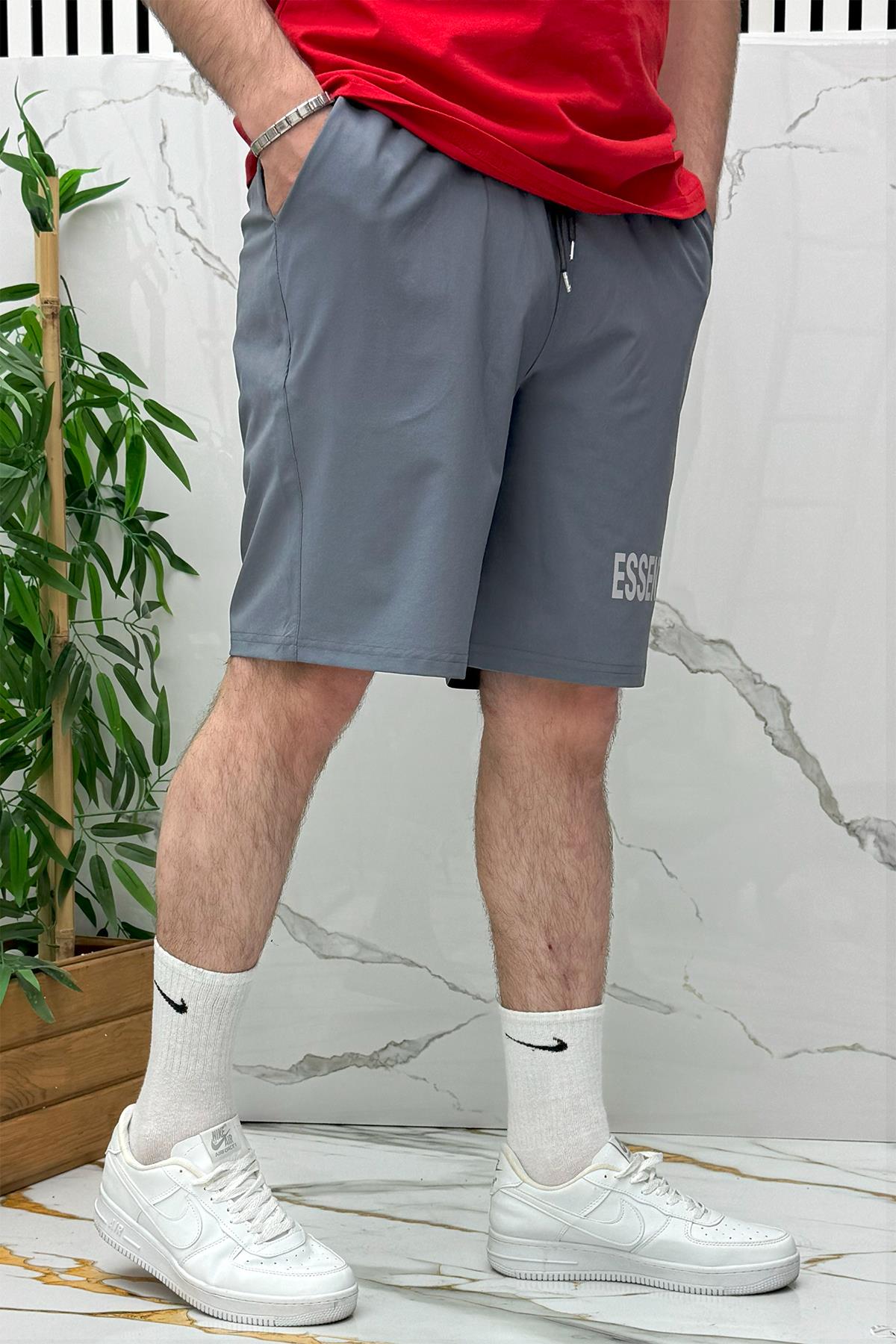 Erkek Likralı Rahat Giyim Şort - Koyu Gri