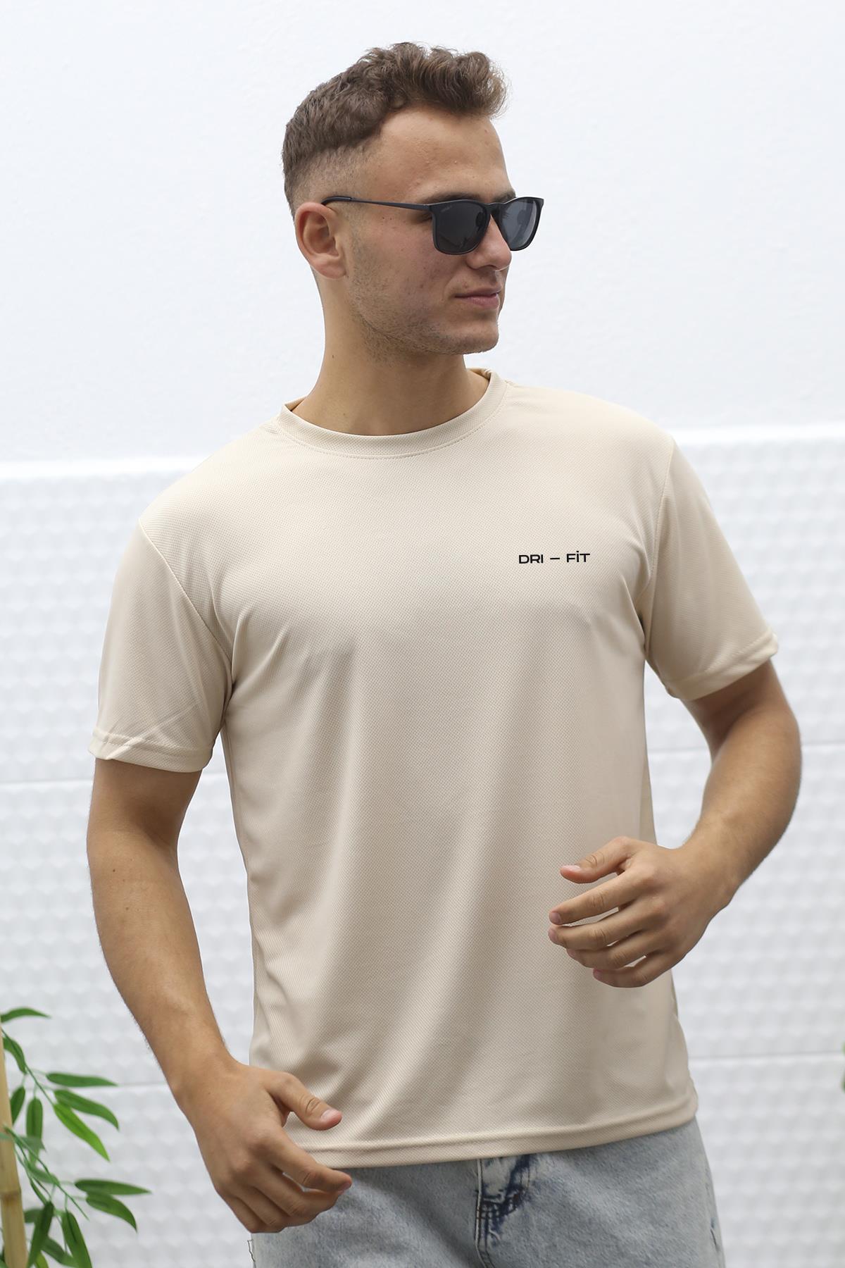 Erkek Nem Emici Nefes Alan Spor T-Shirt - Bej