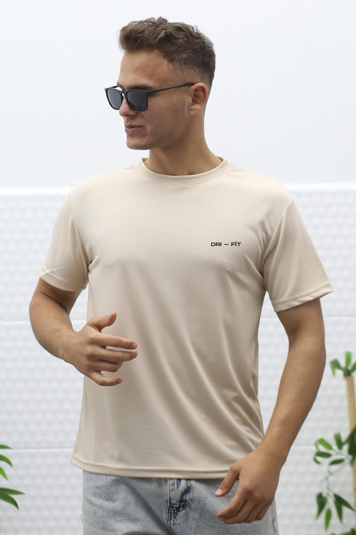 Erkek Nem Emici Nefes Alan Spor T-Shirt - Bej