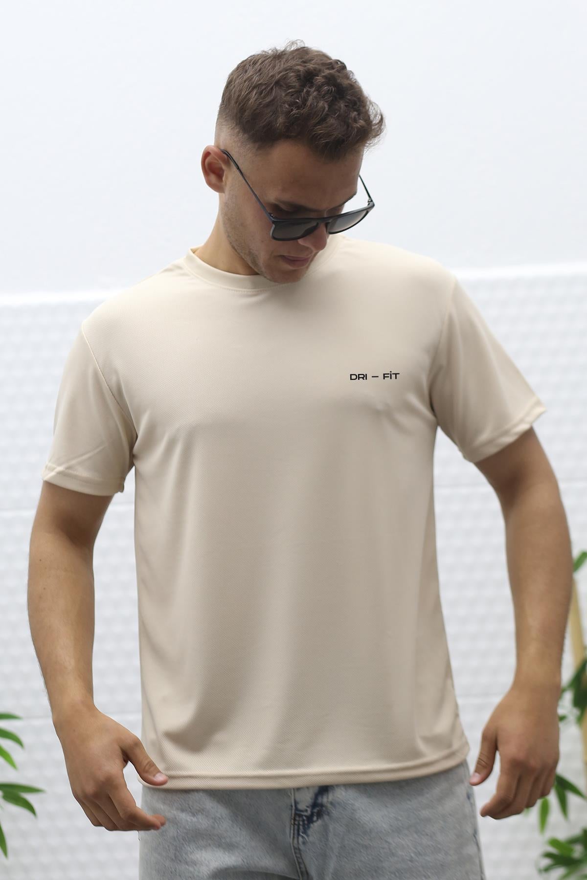 Erkek Nem Emici Nefes Alan Spor T-Shirt - Bej