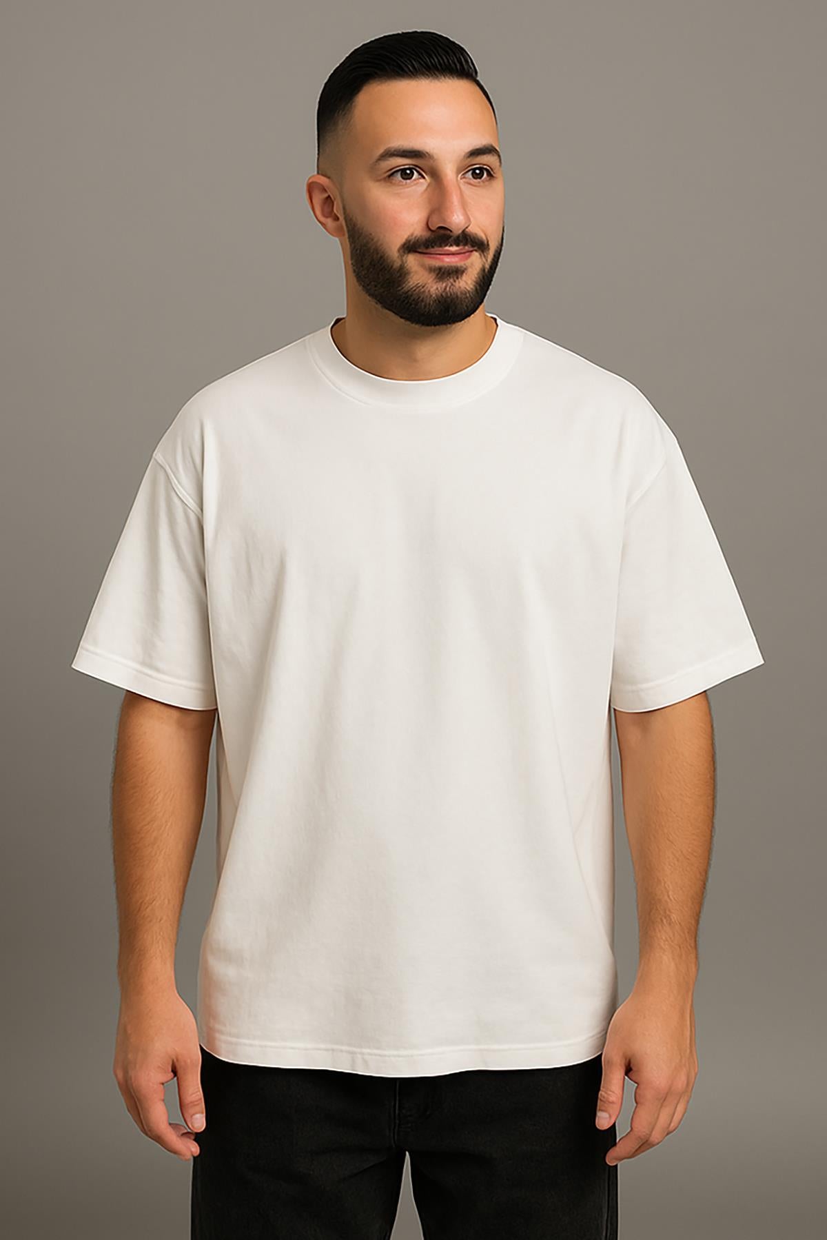 Erkek Oversize Tshirt (Bol Kalıp) Premium Kalite Düz Model - Beyaz