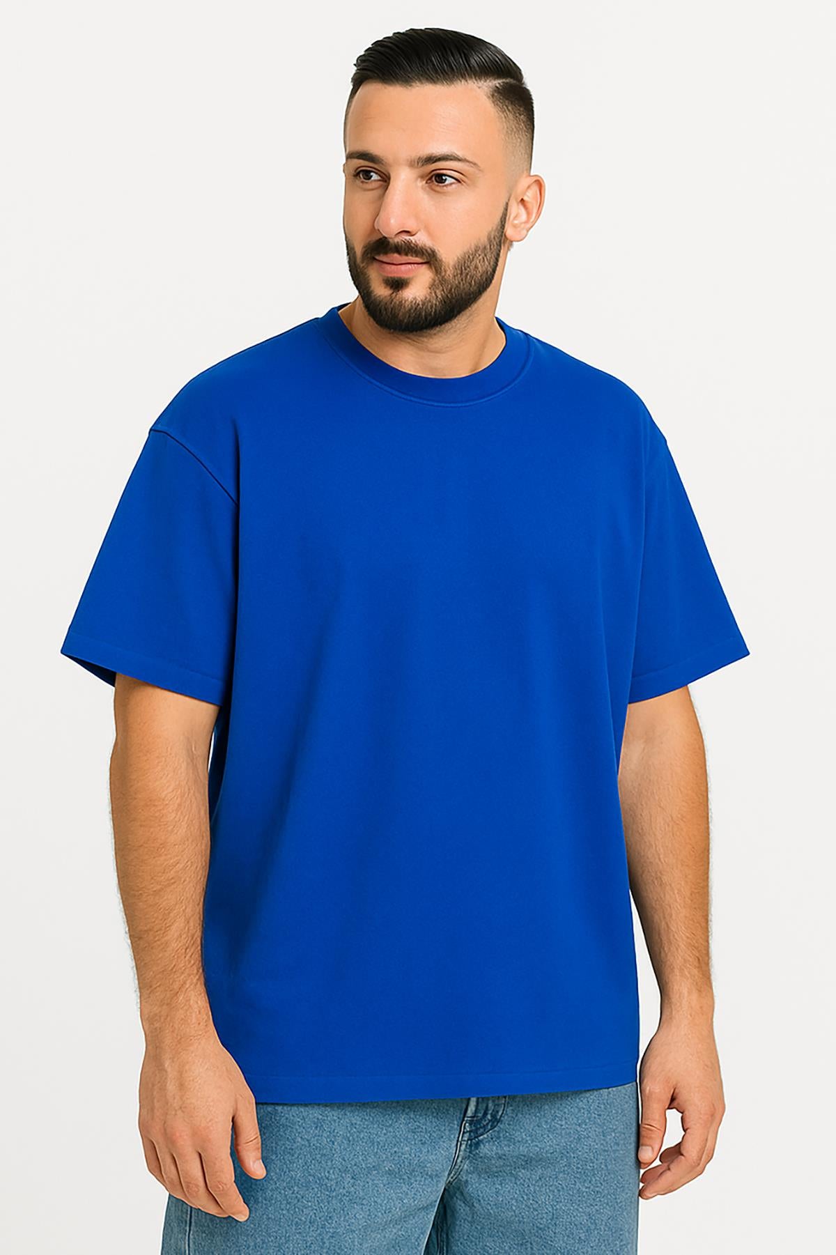 Erkek Oversize Tshirt (Bol Kalıp) Premium Kalite Düz Model - Saks Mavi